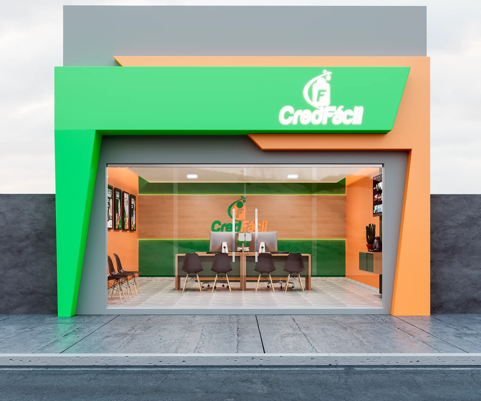 Fachada de uma loja CredFácil Premium, em verde e laranja